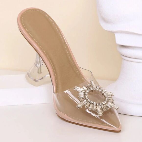 ✨ Stunning Diamond Perspex Heel Mule Nude Patent Clear Lucite Pumps✨ - Picture 5 of 12